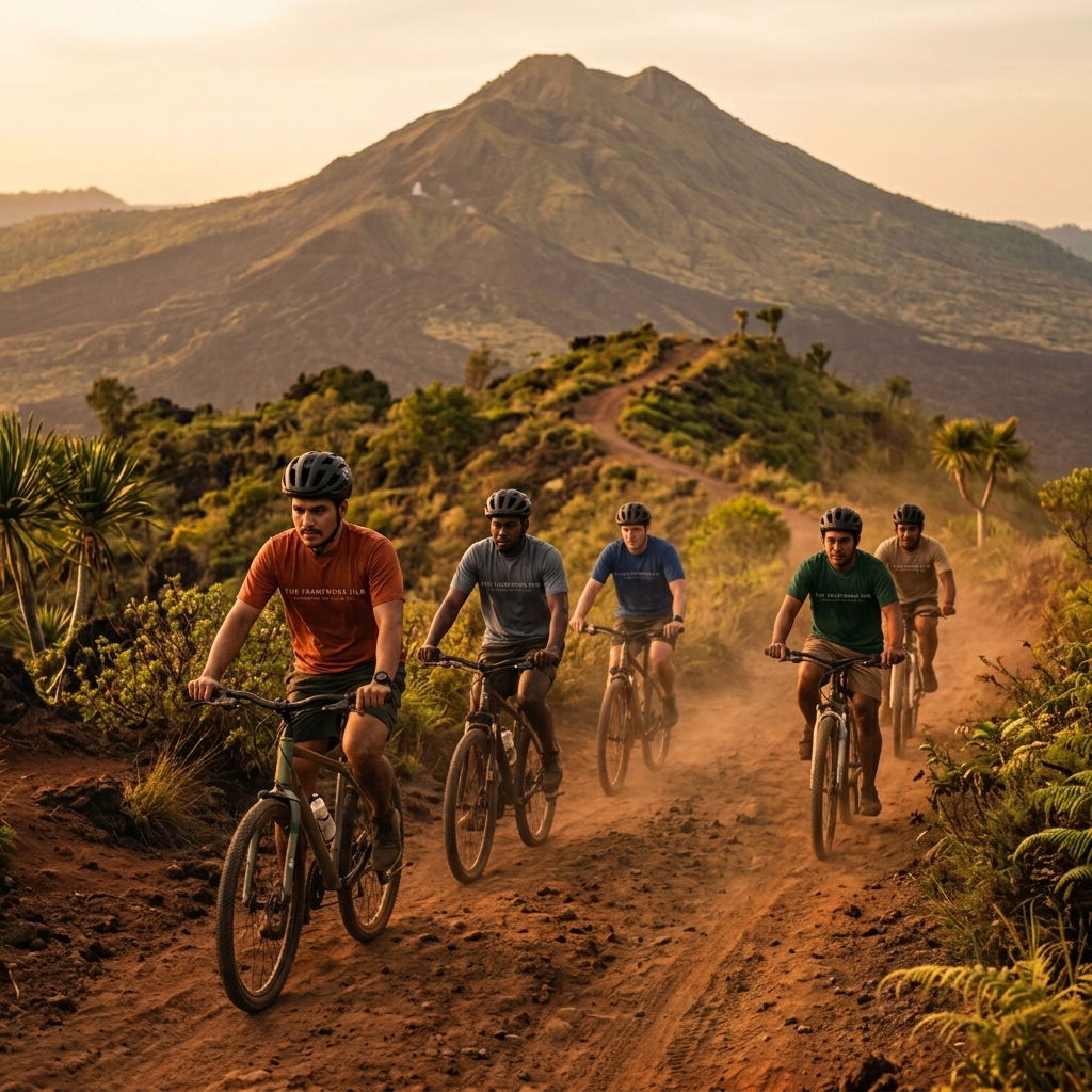 A group of men cycling a volcanic ridgeline trail together at first light