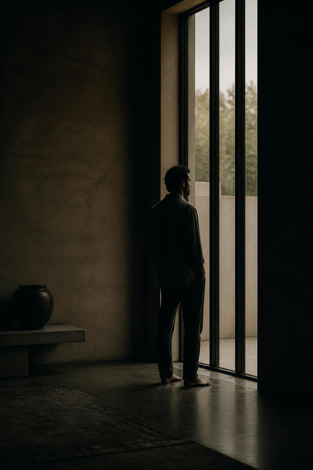 A man sitting alone at dawn, looking out over open ground
