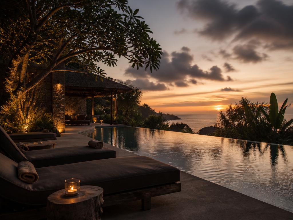 The quiet resort pool at dusk, used for recovery days