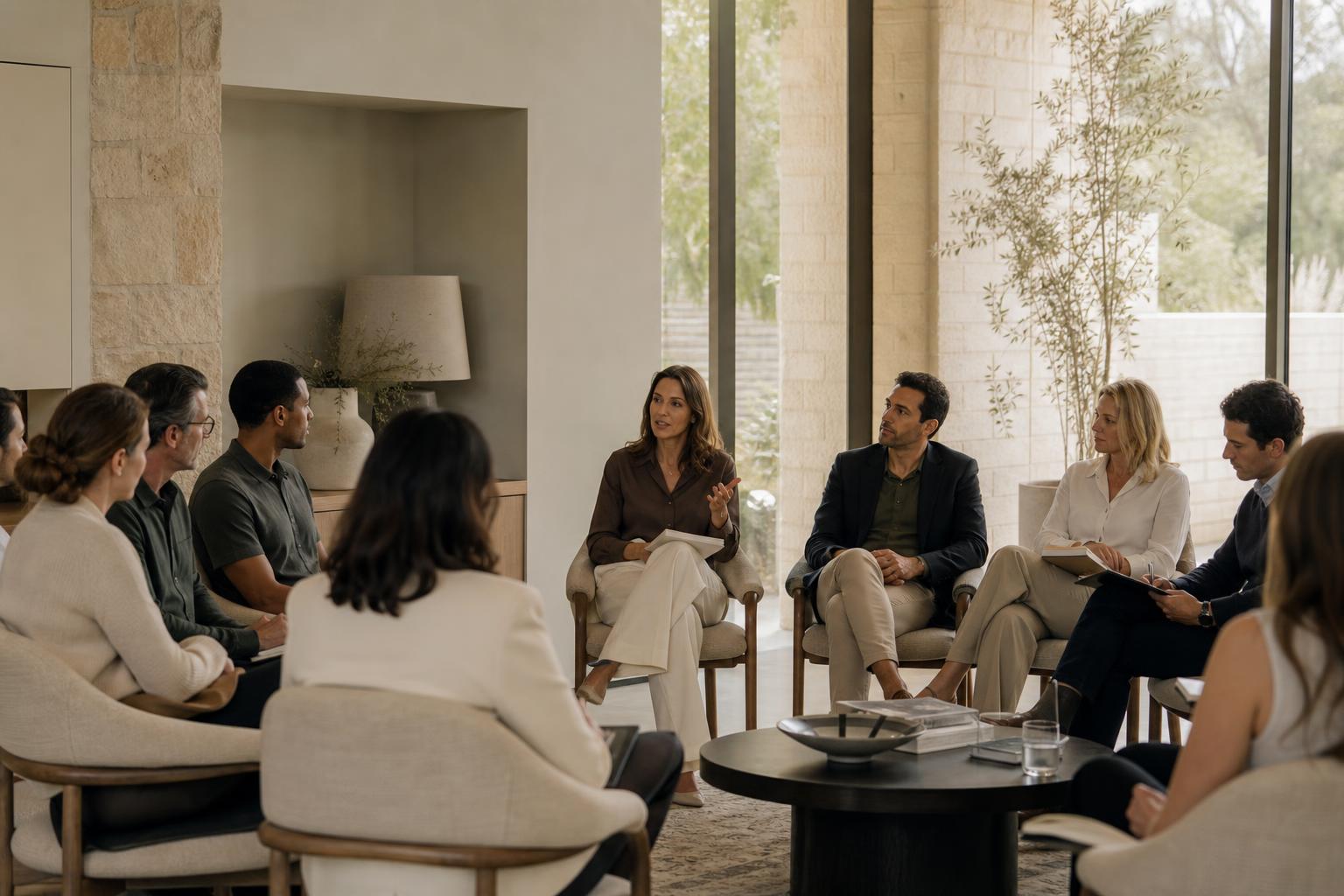 A workshop in progress with professionals seated in a circle