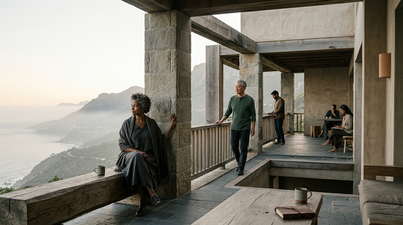 A small group of people resting and reflecting on a stone terrace overlooking the coast at dawn
