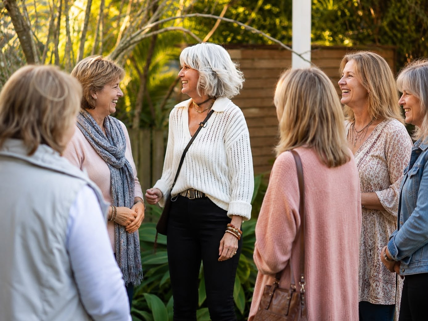 Six women standing in a circle in a garden, talking and laughing together