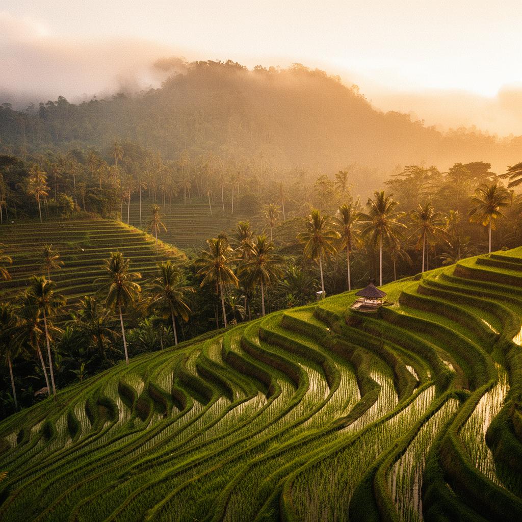 Misty highland ridges and terraced slopes in the Bali highlands at first light