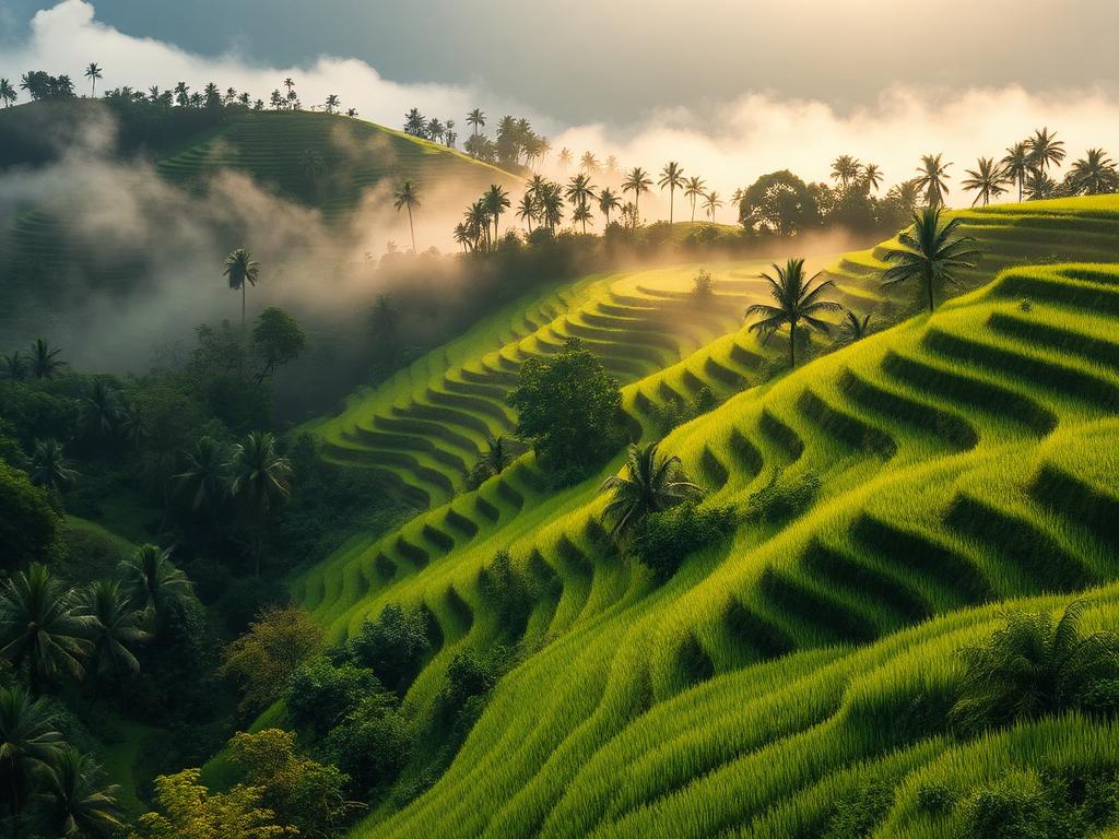 Terraced rice fields falling away into mist on the hillsides of eastern Bali