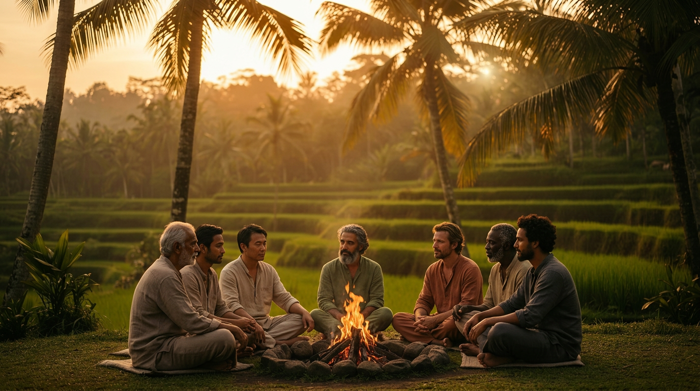 Men seated around a fire in a Balinese rice field at dusk
