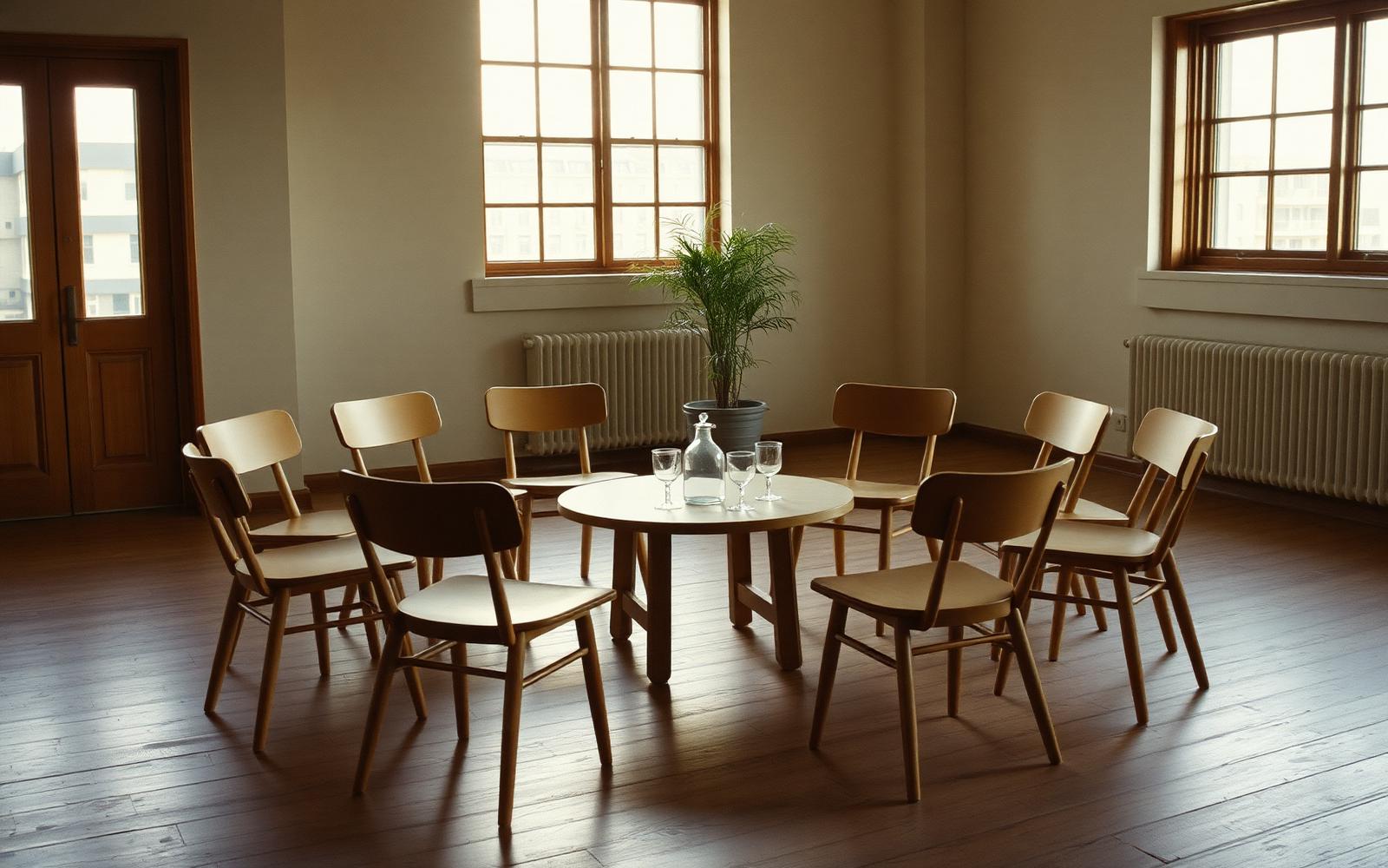 A prepared room before anyone arrives, wooden chairs and a low table with water in warm afternoon light