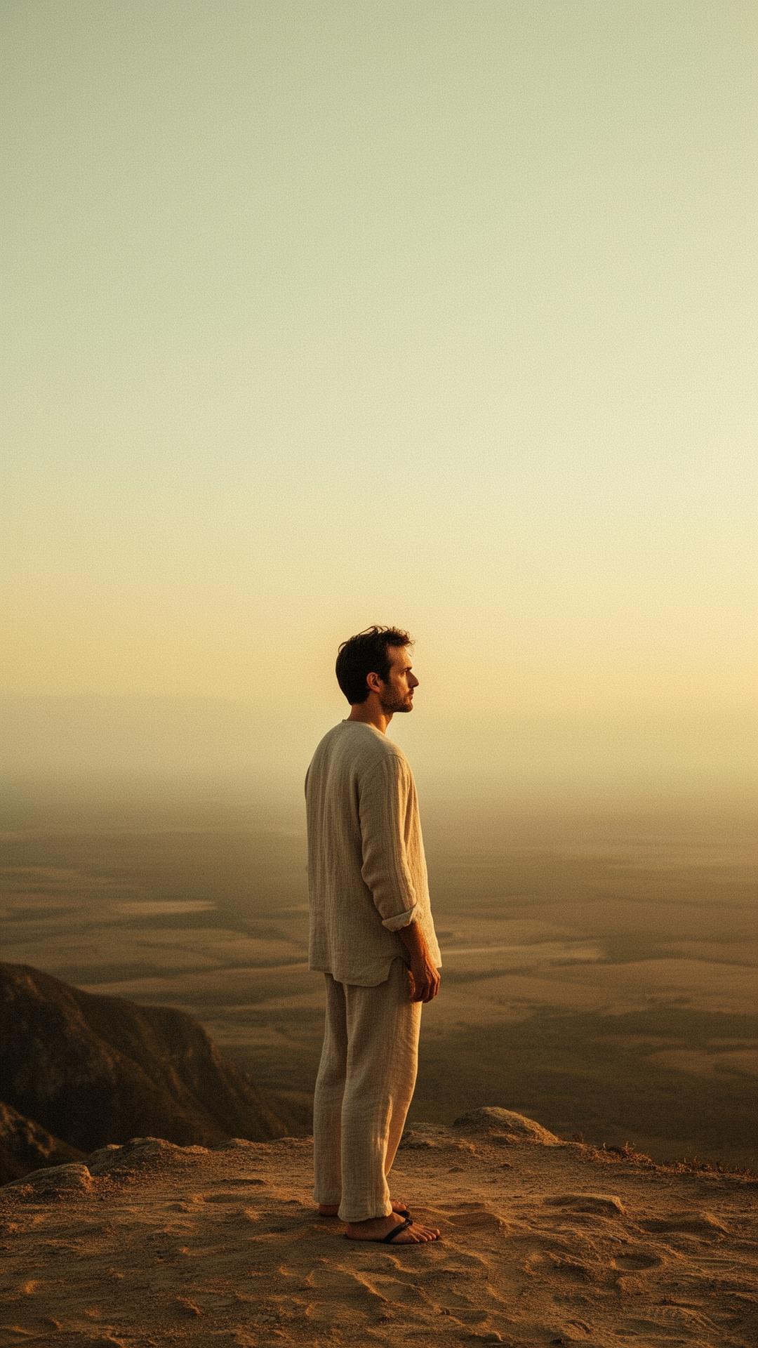 A man standing alone at the edge of a high overlook at sunset