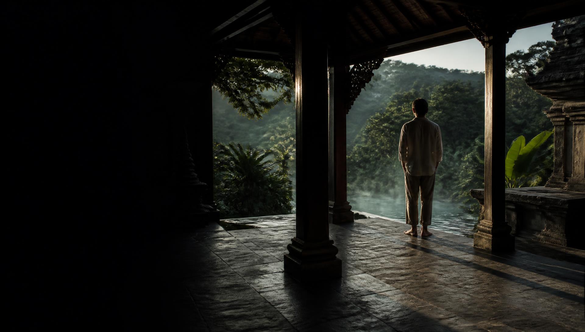 A man standing alone at the open edge of a Balinese pavilion at first light, looking out to jungle and morning mist
