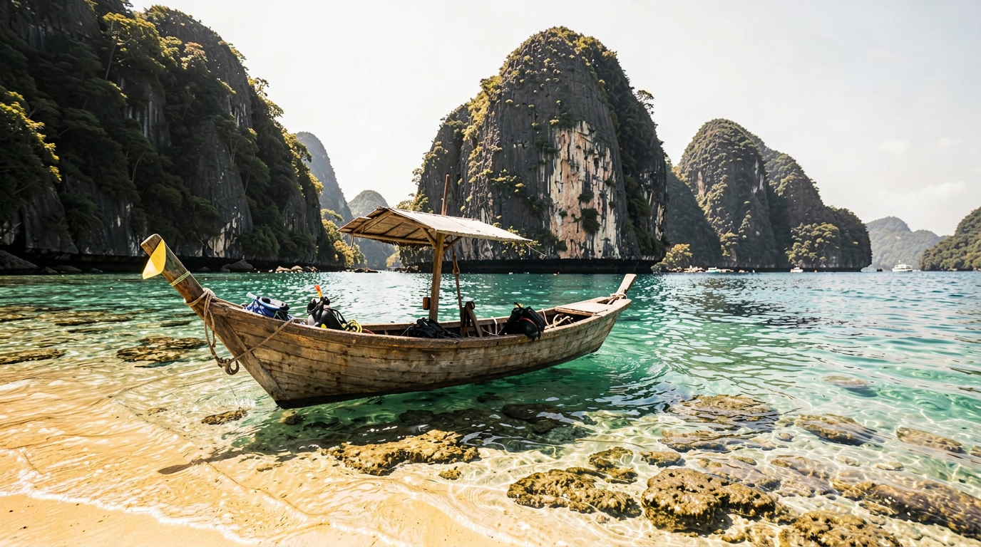 A wooden boat with snorkel and dive gear anchored in clear turquoise water below the limestone cliffs of Nusa Penida