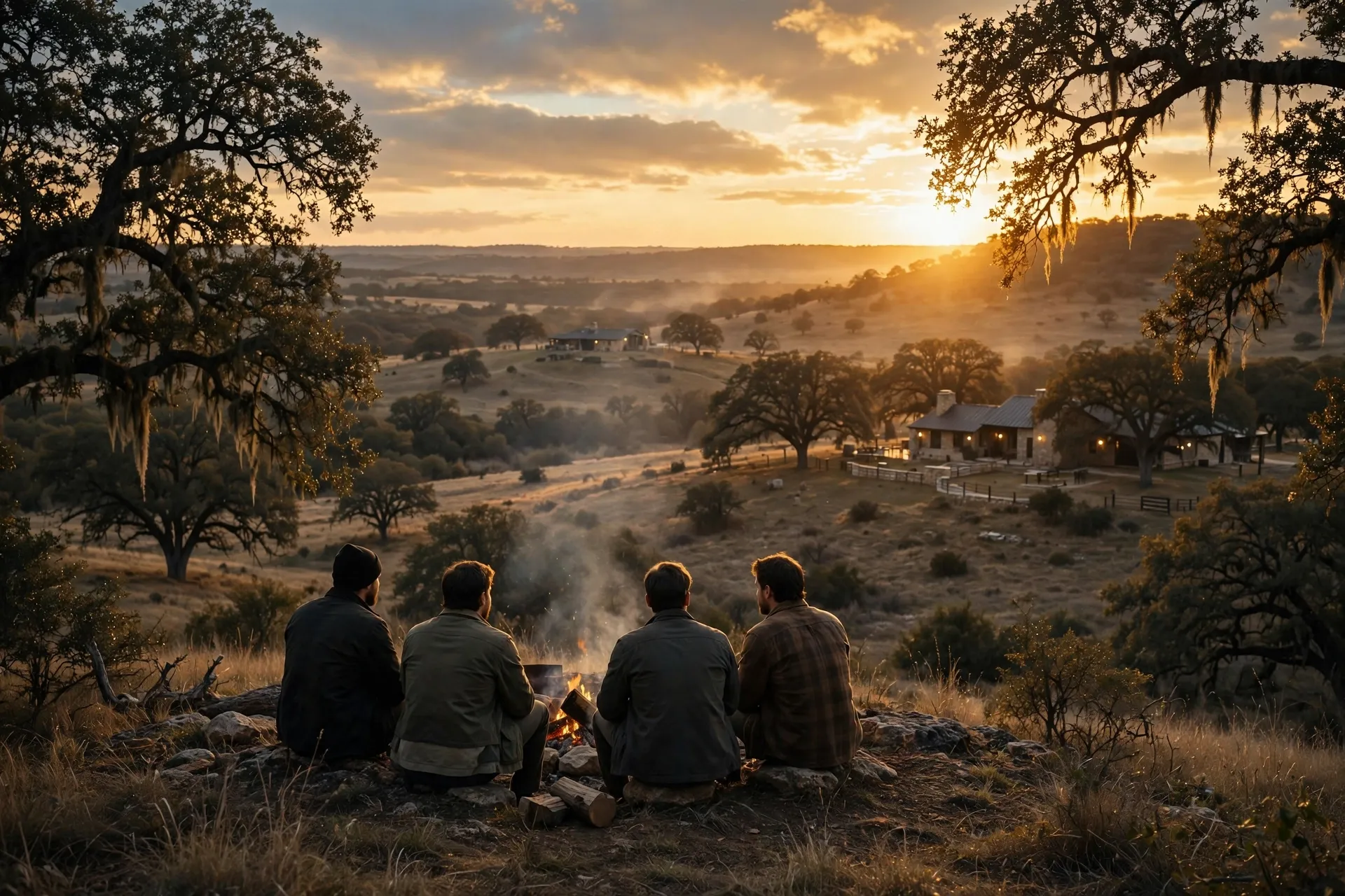 Four men around a campfire on a hillside above oak country and a stone ranch house at sunset