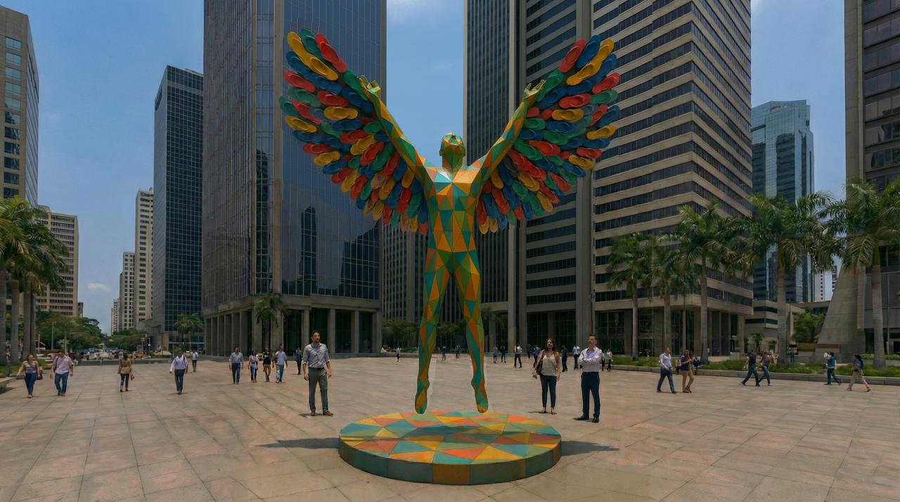 A man standing with outstretched wings against an open sky